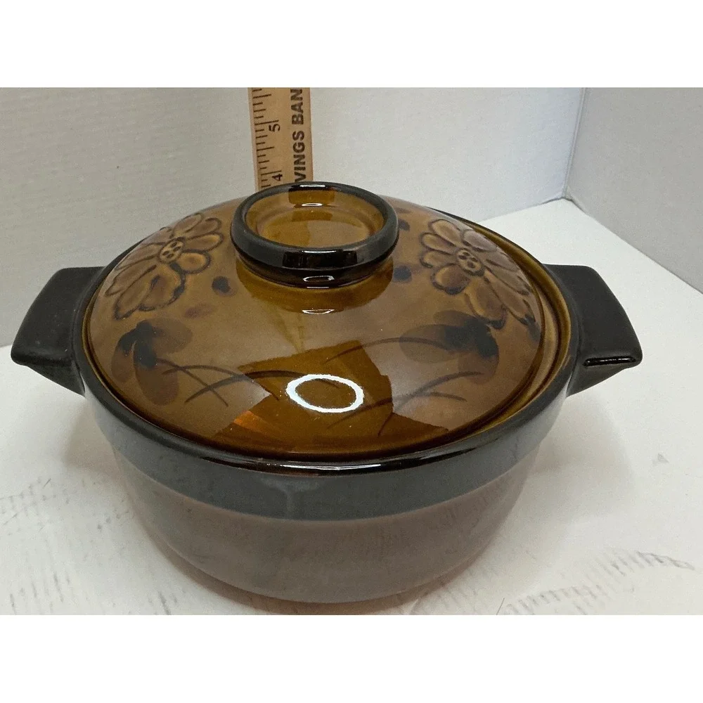 Vintage Ceramic Casserole Bean Pot with Lid Brown Floral Oven Proof Stoneware